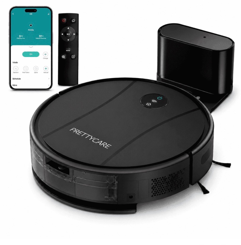 PrettyCare C2-v2 Robot Vacuum and Mop Combo Cleaner, 3-in-1, 8000Pa Suction, 5200mAh Battery,
